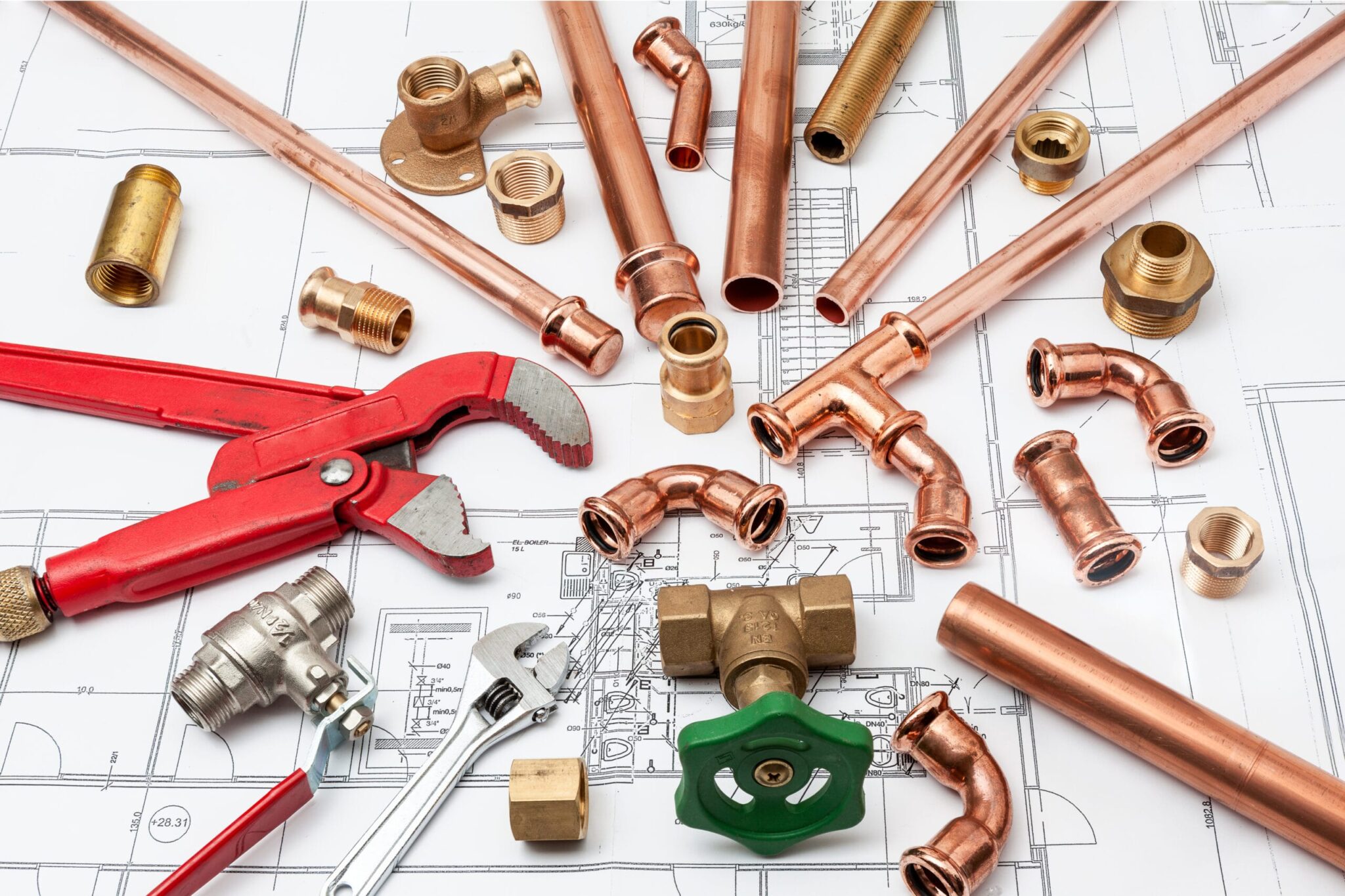 Copper pipes, fittings, valves, and plumbing tools in Fayetteville