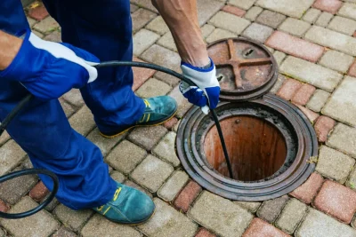 Plumber cleaning an outdoor sewer drain in Fayetteville