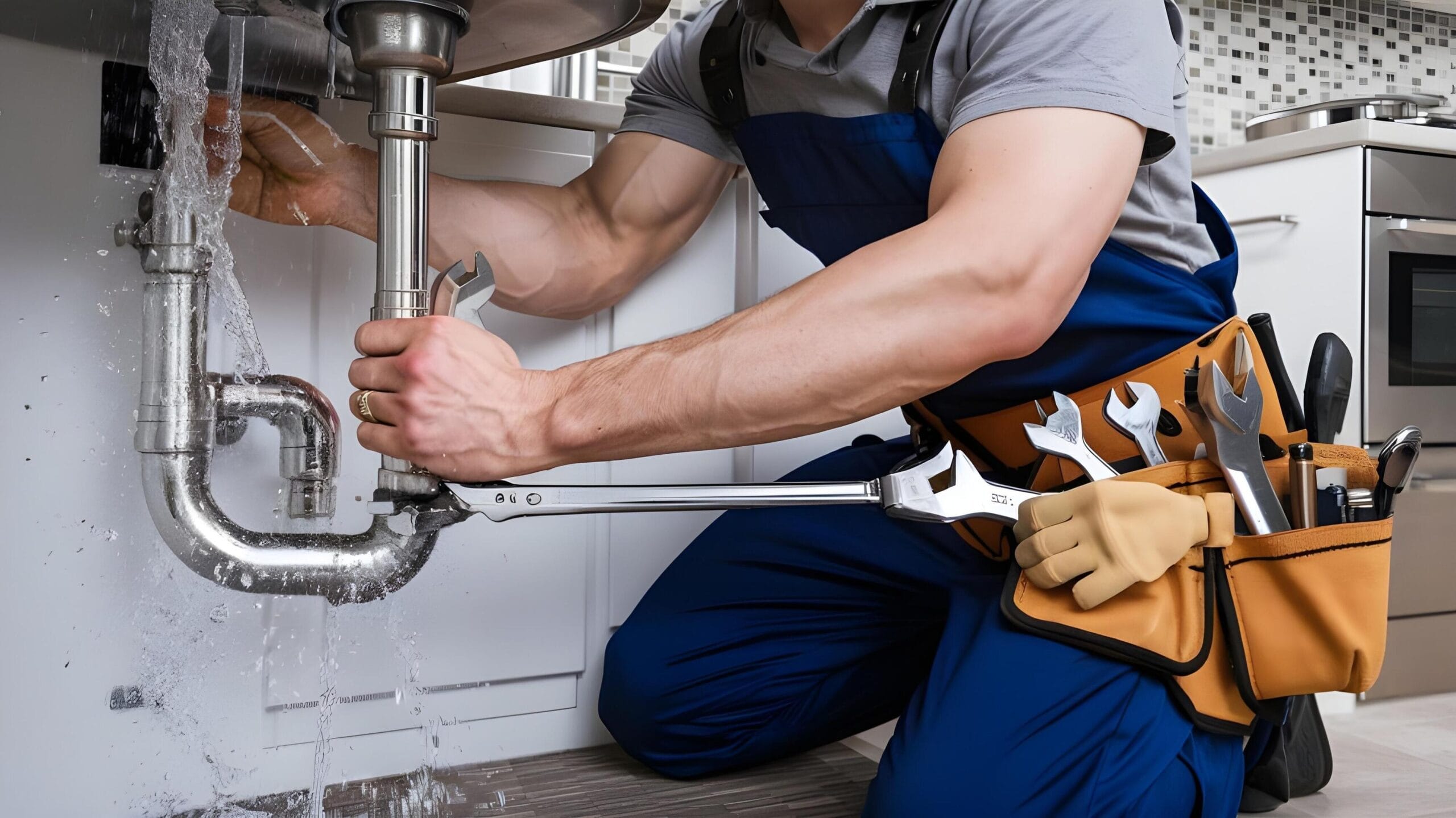 Plumber tightening a residential plumbing pipe in Fayetteville