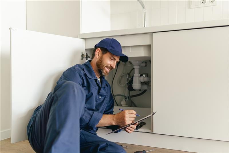 Residential plumber reviewing plumbing repairs in a Fayetteville kitchen