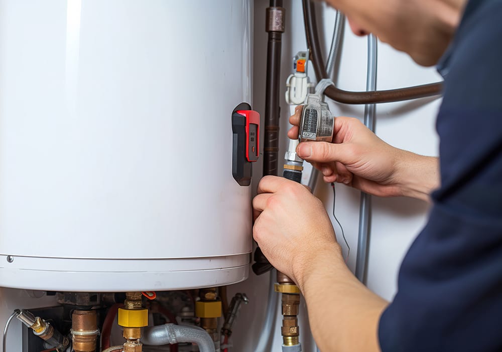 Technician repairing pipes connected to a water heater in Fayetteville